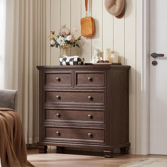 SAVOR LIFE Farmhouse Dresser and Nightstand Sets of 3, 5 Drawer Dresser & 2 Drawer Nightstand, Rustic Brown Bedroom Furniture Set for Home, Bedroom, Hallway, Walnut