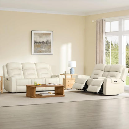 Watson & Whitely Genuine Leather Power Loveseat and Recliner Sofa Set, Lay Flat Reclining Couch with Console, Power Headrest, USB & Wireless Charging, Cup Holders for Living Room, Cream