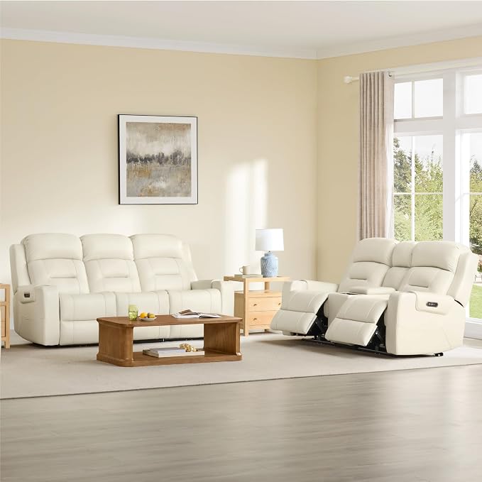 Watson & Whitely Genuine Leather Power Reclining Sofa, 3-Seater Lay Flat Recliner Sofa with Power Headrest, Cup Holders, USB & Type-C Ports, Electric Reclining Couch for Living Room, Cream