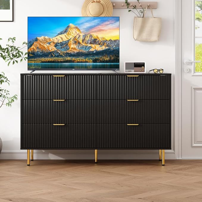 Fluted Black 6 Drawers Dresser for Bedroom, 56 inch Wide Chest of Drawer Dressers with Gold Handle, Modern Wooden Closet Clothes Storage Organizer Cabinet Table Dresser for Living Room