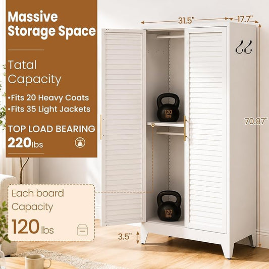 Metal Armoire Wardrobe Closet, 71" Clothing Storage Cabinets with Adjustable Hanging Rod, Louvered Doors, 2 Side Hooks & 2 Adjustable Rod- Closet Cabinet for Bedroom, Laundry Room, Cloak Room