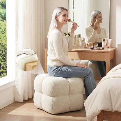 Zesthouse Square Pouf Ottomans Set of 2, Modern Backless Vanity Chair for Bedroom, Beige Linen Foot Rest for Couch, Upholstered Tufted Footstool, Poofy Fabric Ottoman Coffee Table for Living Room