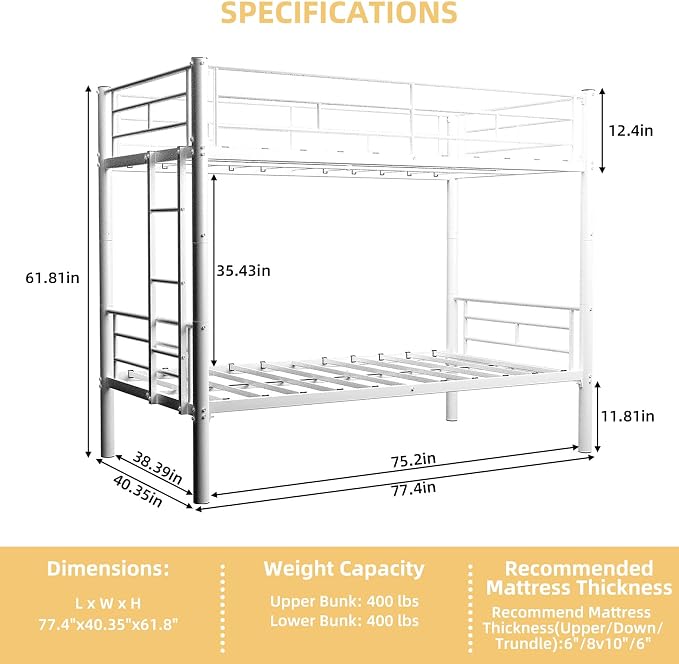 HRVEOCEI 2-Way Convertible Twin Over Twin Bunk Bed with Guardrail & Ladders, Metal Low Bunkbed for Kids Boys Girls, Heavy Duty, No Box Spring Needed, Space-Saving (White, No Trundle)