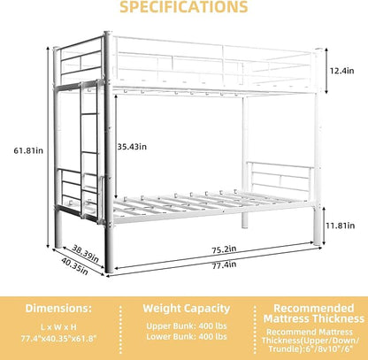 HRVEOCEI 2-Way Convertible Twin Over Twin Bunk Bed with Guardrail & Ladders, Metal Low Bunkbed for Kids Boys Girls, Heavy Duty, No Box Spring Needed, Space-Saving (White, No Trundle)