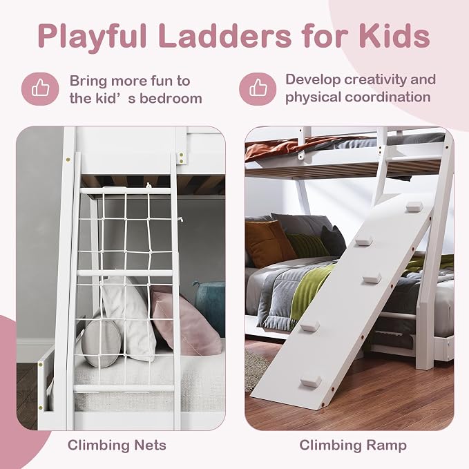 KOTEK Twin Over Queen Bunk Bed, House Bunk Beds with Climbing Nets and Ramp, No Box Spring Needed, Solid Wood Low Bunk Bed Frame for Kids Boys Girls (White)