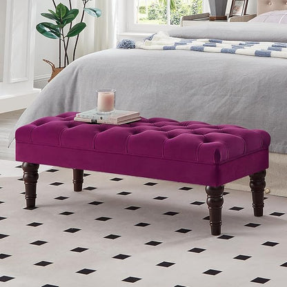 24KF Velvet Upholstered Buttons Tufted Entryway Bench with Solid Wood Leg,Bed Bench Ottoman with Padded Seat,5061N-Violet