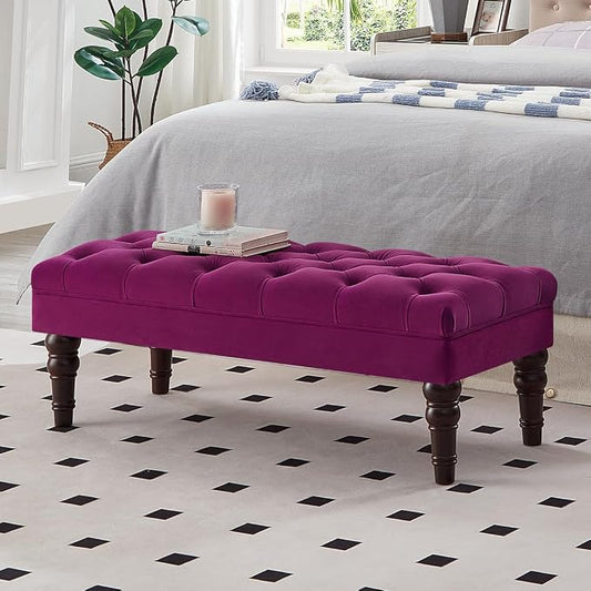 24KF Velvet Upholstered Buttons Tufted Entryway Bench with Solid Wood Leg,Bed Bench Ottoman with Padded Seat,5061N-Violet