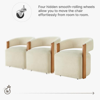 KISLOT Upholstered Dining Chairs Set of 4, Barrel Modern Dining Room Chairs with Casters, Kitchen Side Wooden Armchair with Fabric Cushion Seat for Bedroom, Livingroom, Reading Room, Sand, 4 Boxs