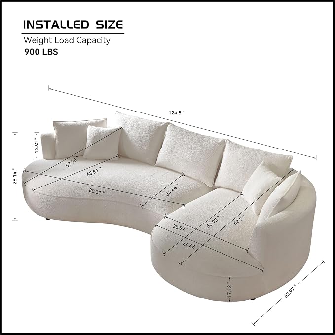 KEIKI 129" Luxury Curved Boucle Sectional Sofa with Right Chaise, Upholstered Modern Style Oversized 5-Seater Couch with Thickened Seat Cushions, Easy Assembly, for Apartment, Living Room, White