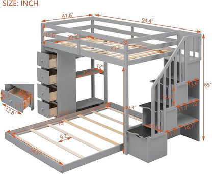 Ball & Cast Twin Over Full Bunk Bed with Safty Guardrail & Storage Stairs,Wood Bedframe W/ 3-Layer Shelves & Drawers,Easy Assembly,Space Saving,Compact Bedroom Furniture Set for Boy Girl Teens,Gray
