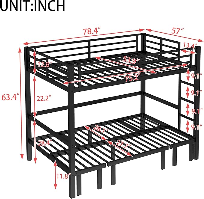 Bellemave Full Over Full Futon bunk Bed, Lower bunk can be Pulled Out in Three Sections, Loft Bed with Sofa for Teens, Adults, Bedroom, Black(Excluding Cushions and mattresses)