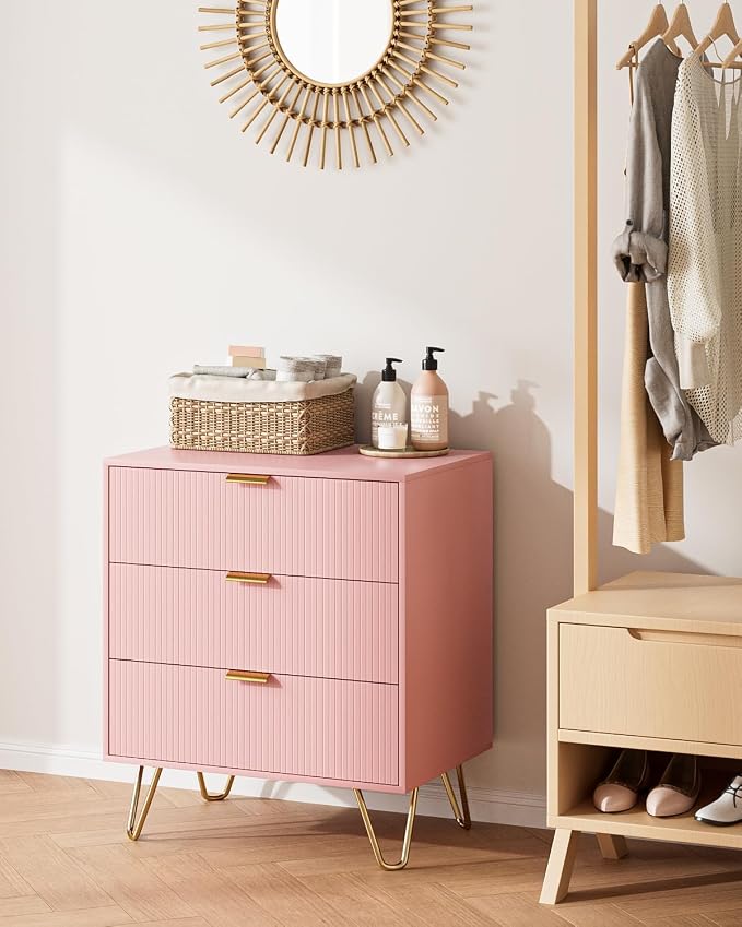 Fluted 3 Drawer Dresser for Bedroom, Modern Storage Bedroom Dresser Chest Cabinet Organizer with Anti-Tip Hardware for Living Room, Dressing Room, Kids Room, Office (Pink)