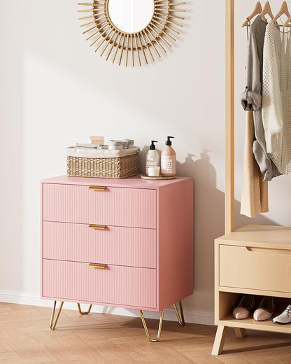 Fluted 3 Drawer Dresser for Bedroom, Modern Storage Bedroom Dresser Chest Cabinet Organizer with Anti-Tip Hardware for Living Room, Dressing Room, Kids Room, Office (Pink)