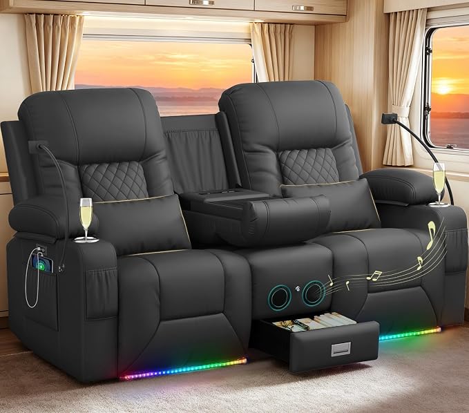 Power RV Loveseat Recliner Sofa, Reclining Loveseat with Flip Back Console, Home Theater Seating with USB Ports, Cup Holders, Wall Hugger Recliners for Movie Room, Gray