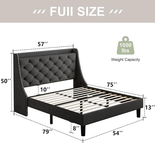 Feonase Full Size Bed Frame with Luxury Wingback and Fast Charging Station,Full Upholstered Button Tufted Storage Headboard Platform Bed,Sturdy Wooden Slats Support,Noise-Free, Easy Assembly,Dark Gray