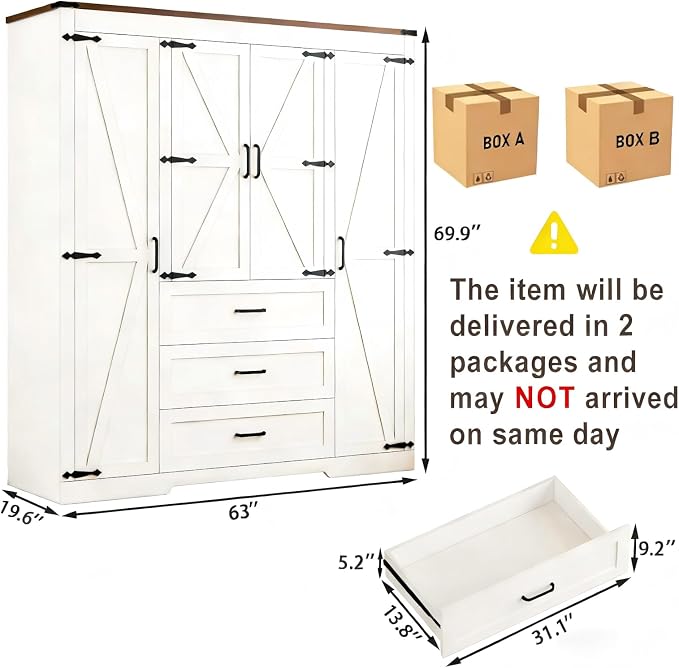 70" Tall Armoire Wardrobe Closet with 4 Doors & 3 Drawers, Farmhouse Bedroom Storage Cabinet with Hanging Rod, Freestanding Wooden Armoire Wardrobe Closet, White