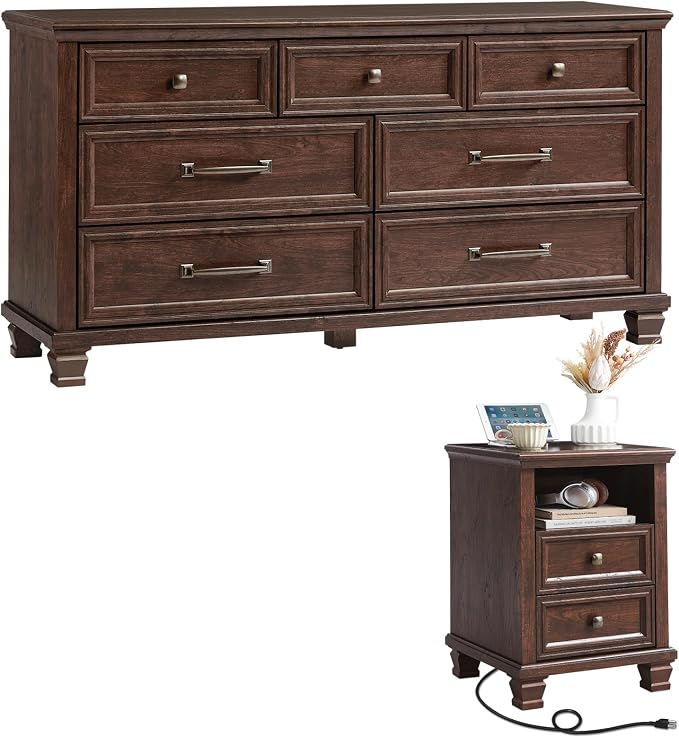 SAVOR LIFE Farmhouse Dresser and Nightstand Sets 2 Piece, 7 Drawer Dresser & 2 Drawer Nightstand Set, Rustic Wood Bedroom Furniture Set for Home, Bedroom, Hallway, Walnut