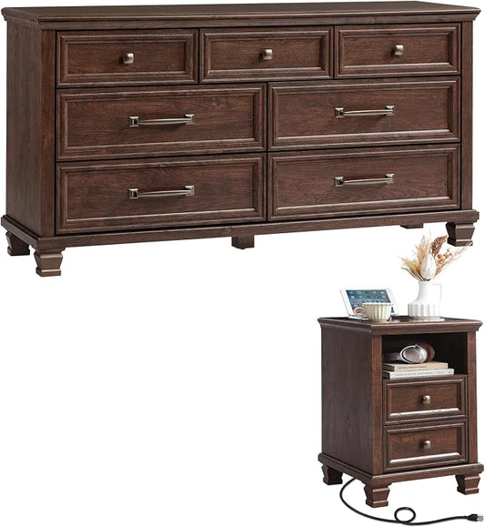 SAVOR LIFE Farmhouse Dresser and Nightstand Sets 2 Piece, 7 Drawer Dresser & 2 Drawer Nightstand Set, Rustic Wood Bedroom Furniture Set for Home, Bedroom, Hallway, Walnut