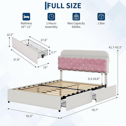 Garvee Girls Full Size Bed, Sandwich Cookie Style Princess Bed Frame, Beige Pink Upholstered with Storage Headboard & 2 Drawers, No Box Spring Needed