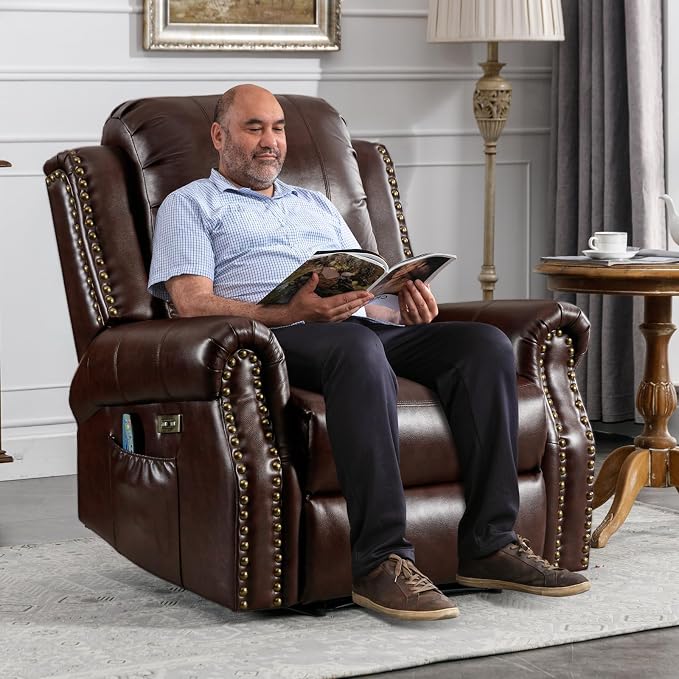 HAOMARKETS Classic Power Recliner Chair Set of 2 with Massage and Heat, Breathable Faux Leather Electric Recliner with USB Port, Overstuffed Reclining Sofa with Rivets for Living Room, Caramel Brown