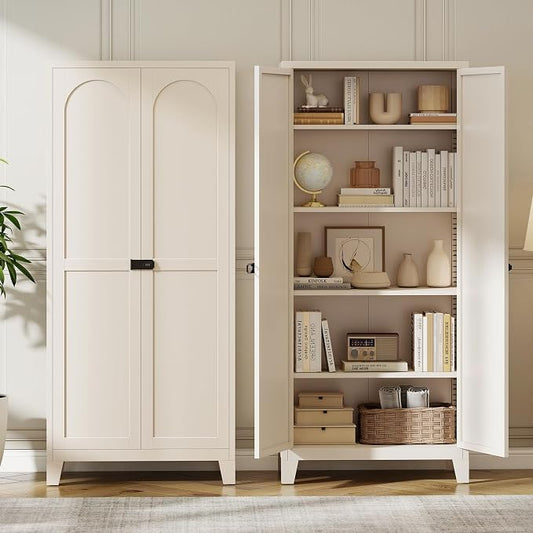 Zevemomo 71" Tall Metal Locking Cabinet with 4 Adjustable Shelves & 2 Doors, Steel Lockable Cabinet with 3-Digit Combination Lock, Secure Metal Pantry Cabinet for Home, Office, Garage, Beige