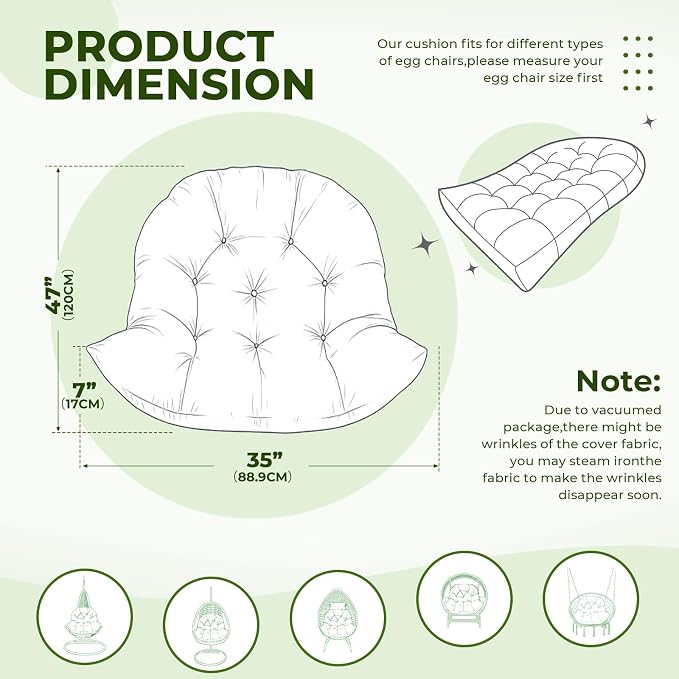 DANGHOOGY Egg Chair Cushion, Waterproof Outdoor Egg Replacement Cushions, Patio Chair Cushions for Outdoor Funiture, Thickened Hanging Chair Cushion, 35x47x7 Inches (Grey)