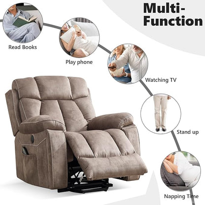 CANMOV Large Power Lift Recliner Chairs with Massage and Heat for Elderly Big People, Heavy Duty Motion Reclining Mechanism-Anti Skid Fabric Recliner Chair with 2 Concealed Cup Holders,Light Brown