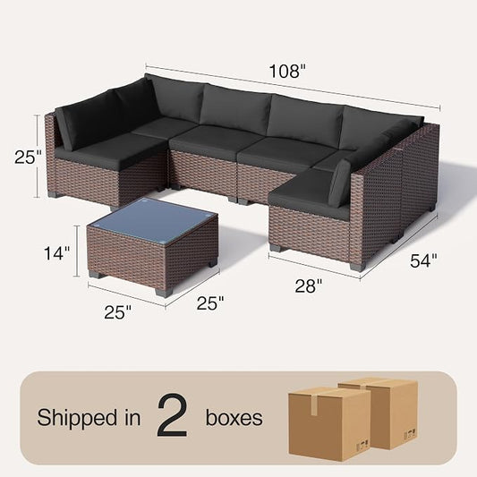 Qsun 7 Pieces Outdoor Patio Furniture Set, All-Weather PE Rattan Outdoor Patio sectional Furniture with Cushions and Glass Table, for Garden, Backyard, Porch, Black