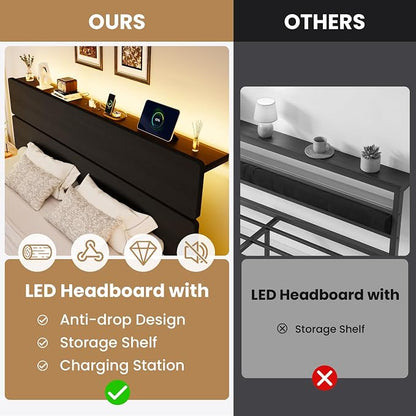 SHA CERLIN King Size Bed Frame with Led Light & Built-in Charging Station, Wooden Headboard with Storage Shelf, Metal Platform Bed, Under Bed Storage, No Box Spring Needed, Noise Free, Black