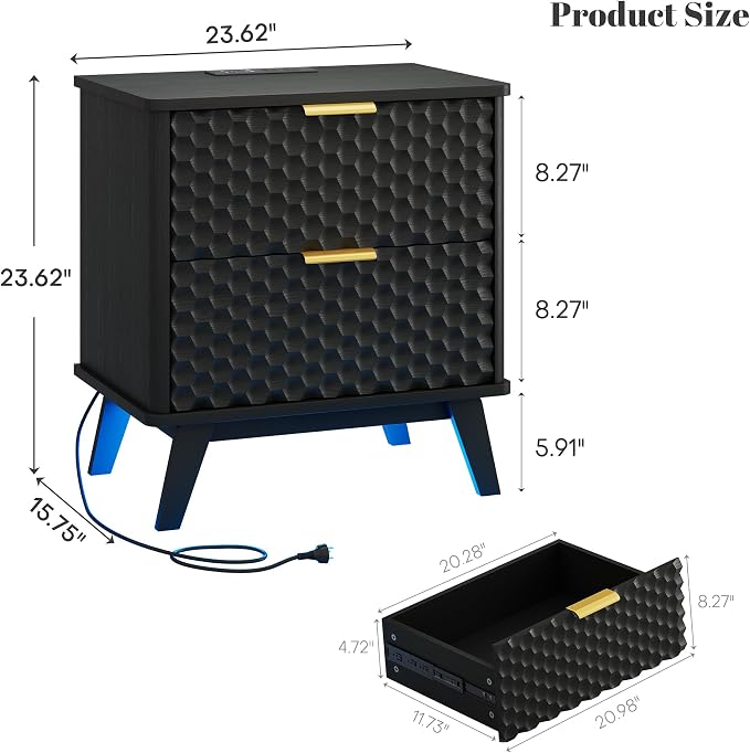 LVSOMT Smart Nightstand with Charging Station and LED Lights, 23.62" Wide Night Stand with 2 Drawers, Motion Sensor Motion-Activated Underlight, Honeycomb Bedside Table for Bedroom, Black