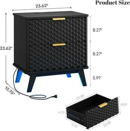 LVSOMT Smart Nightstand with Charging Station and LED Lights, 23.62" Wide Night Stand with 2 Drawers, Motion Sensor Motion-Activated Underlight, Honeycomb Bedside Table for Bedroom, Black