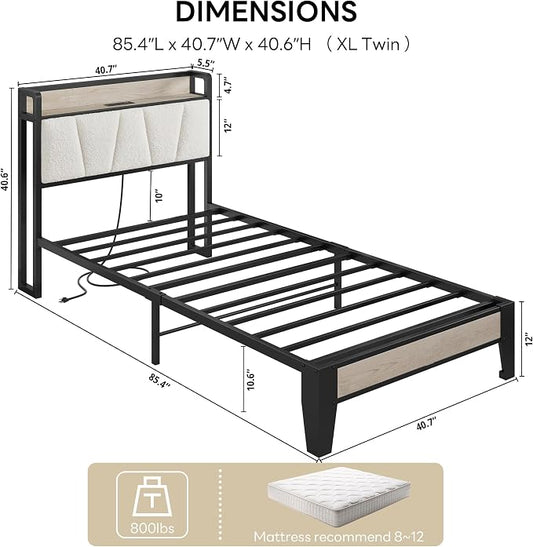 LIKIMIO Twin XL Bed Frames, Bouclé Storage Headboard with Charging Station, Solid and Stable, Noise Free, No Box Spring Needed, Easy Assembly