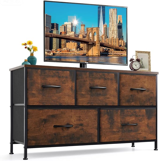 5-Drawer Dresser for Bedroom, Anti-Tip Wide Storage Organizer Fabric Chest of Drawers TV Stand for 45" TV with Wooden Top and Metal Frame for Closet, Living Room, Hallway, Entryway, Brown