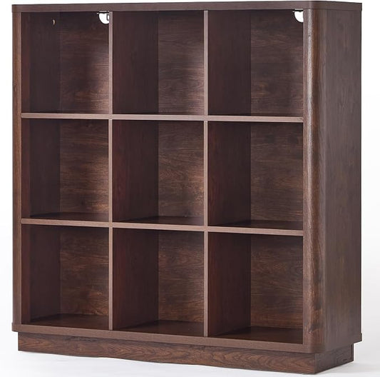 Joaxswe 9 Cube Bookshelf, 40.5" Wide Organizer Bookcase with Curved Edge, Wood Floor Standing 3-Tier Cubby Book Shelf with Base, Vintage Display Storage Cabinet for Living Room, Home Office, Walnut