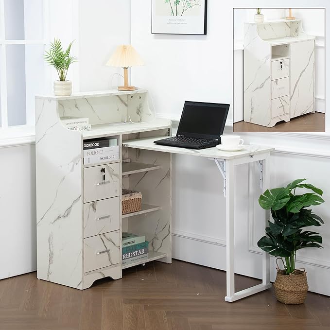 Fold Out Desk with Storage, Hidden Desk with Lockable Drawers & Shelves, Built-in Power Outlet,Folding Desk for Study and Home Office (Marble-Effect White)