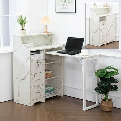 Fold Out Desk with Storage, Hidden Desk with Lockable Drawers & Shelves, Built-in Power Outlet,Folding Desk for Study and Home Office (Marble-Effect White)