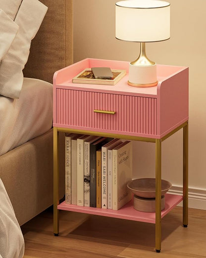 Nightstand, 3-Tier Bed Side Table, Small End Table, Night Stand with Open Shelf and Drawer, Bedside Table for Bedroom, Living Room, Pink