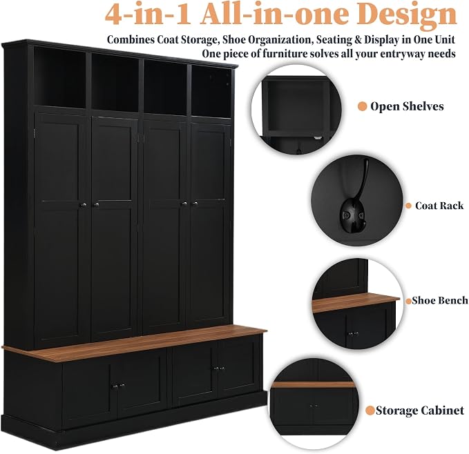 Hall Tree with Bench and Shoe Storage,Shoe and Coat Rack with Drawer and Hooks,Farmhouse Furniture for Entryway,Mudroom,Living Room,Black (Black, 59" W)