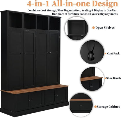 Hall Tree with Bench and Shoe Storage,Shoe and Coat Rack with Drawer and Hooks,Farmhouse Furniture for Entryway,Mudroom,Living Room,Black (Black, 59" W)