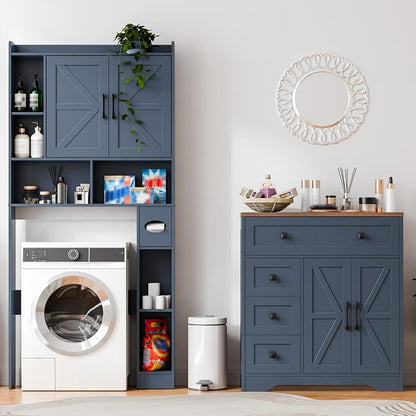 Vabches Farmhouse Storage Cabinet with 2 Doors and 4 Drawers, Freestanding Bathroom Storage Cabinet Kitchen Pantry, Floor Hutch Cupboard for Living Room/Bathroom/Kitchen,Blue