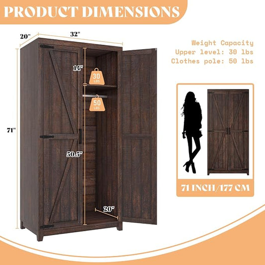 LUXOAK 70" Large Armoire Wardrobe Closet with Hanging Rod, Farmhouse Clothing Storage Cabinet with 2 Barn Doors, Wooden Tall Bedroom Armoires with Shelf, Espresso