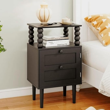 Nightstand with Storage Drawer and Open Wood Shelf,Solid Wood Legs (Black) | Mid-Century Modern Bedside Table for Bedroom and Small Spaces,Easy Assembly