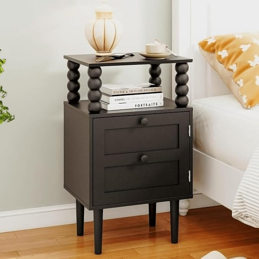 Nightstand with Storage Drawer and Open Wood Shelf,Solid Wood Legs (Black) | Mid-Century Modern Bedside Table for Bedroom and Small Spaces,Easy Assembly