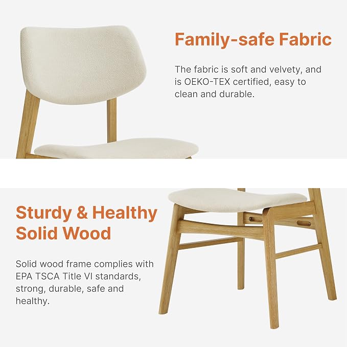 KISLOT Wooden Dining Chairs Set of 2, Upholstered Modern Dining Room Chairs, Solid Oak Wood Kitchen Chairs with Soft Cushion Backrest for Farmhouse, Restaurant, Café (Cream Fabric & Original Color)
