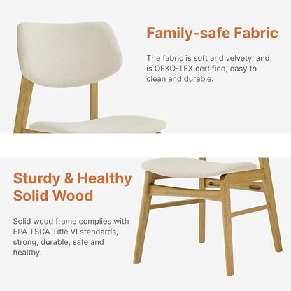 KISLOT Wooden Dining Chairs Set of 2, Upholstered Modern Dining Room Chairs, Solid Oak Wood Kitchen Chairs with Soft Cushion Backrest for Farmhouse, Restaurant, Café (Cream Fabric & Original Color)