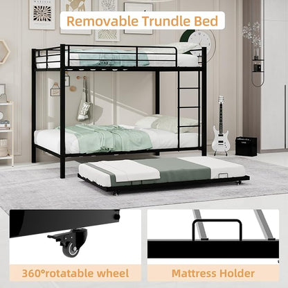 Metal Bunk Bed with Trundle, Space-Saving Bunk Bed Full Over Full with Ladders and Safety Guardrail, Heavy Duty Full Bed Frames, No Box Spring Needed and Noise Free(Black)