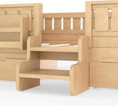 Bellemave Full Size Bed Frame with Storage Drawers & Bookshelf, Low Profile Kids Bed with Staircase & Full Length Guardrails, Solid Wood Full Size Bed Frame Kids with Slats Load 450 LBS, Natural