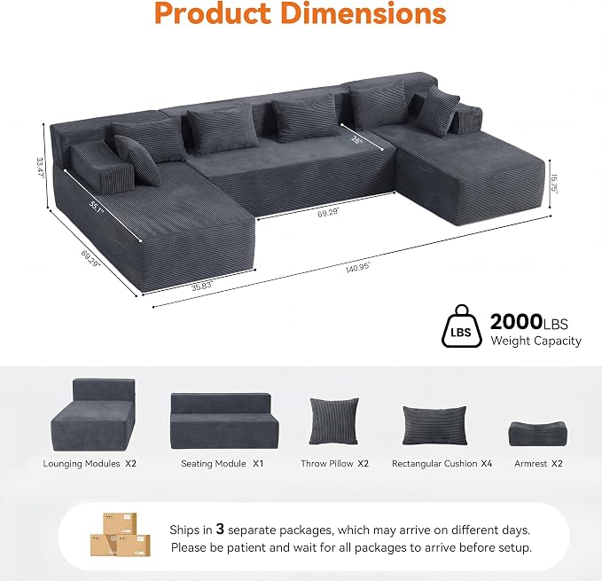 MONVANE 141" U Shaped Cloud Sectional Couch with Chaise Lounge, Modular Sectional Sofa with Removable Armrests, Comfy Corduroy Boneless Couches for Living Room, No Assembly Required, Grey