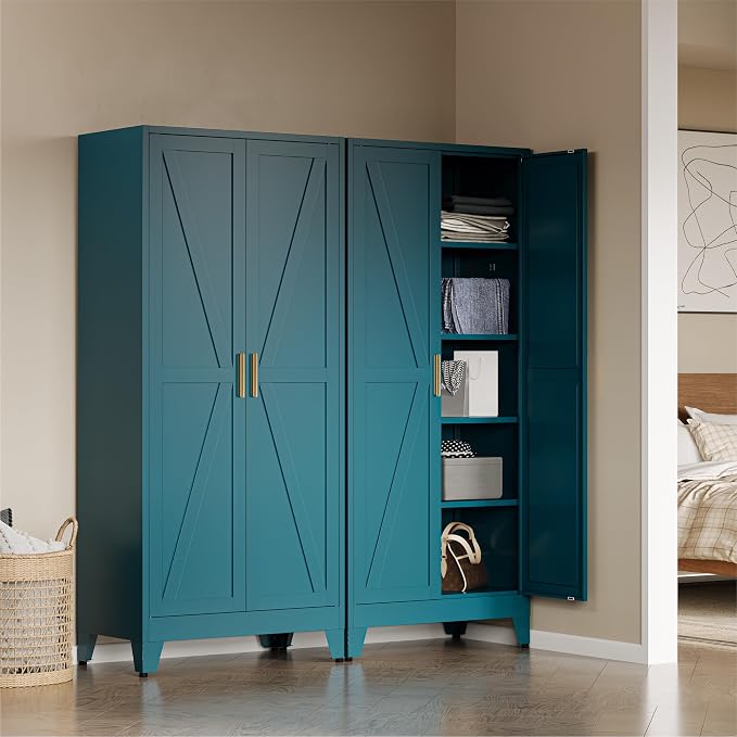 COFaR Metal Armoire Wardrobe Closet with Doors and Shelves & Hanging Rod, 71" Tall Freestanding Wardrobe Storage Cabinet, Bedroom Armoires,Steel Wardrobe Cabinet for Cloak Room,Laundry Room,Gym,Green
