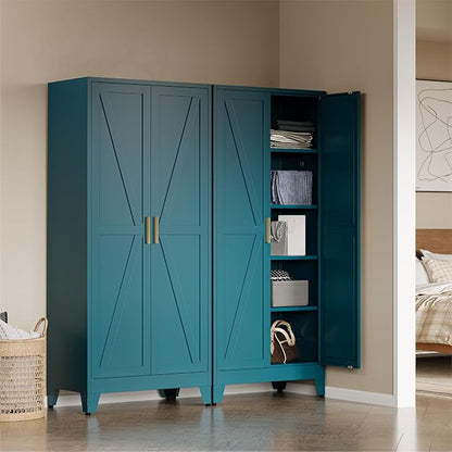 COFaR Metal Armoire Wardrobe Closet with Doors and Shelves & Hanging Rod, 71" Tall Freestanding Wardrobe Storage Cabinet, Bedroom Armoires,Steel Wardrobe Cabinet for Cloak Room,Laundry Room,Gym,Green